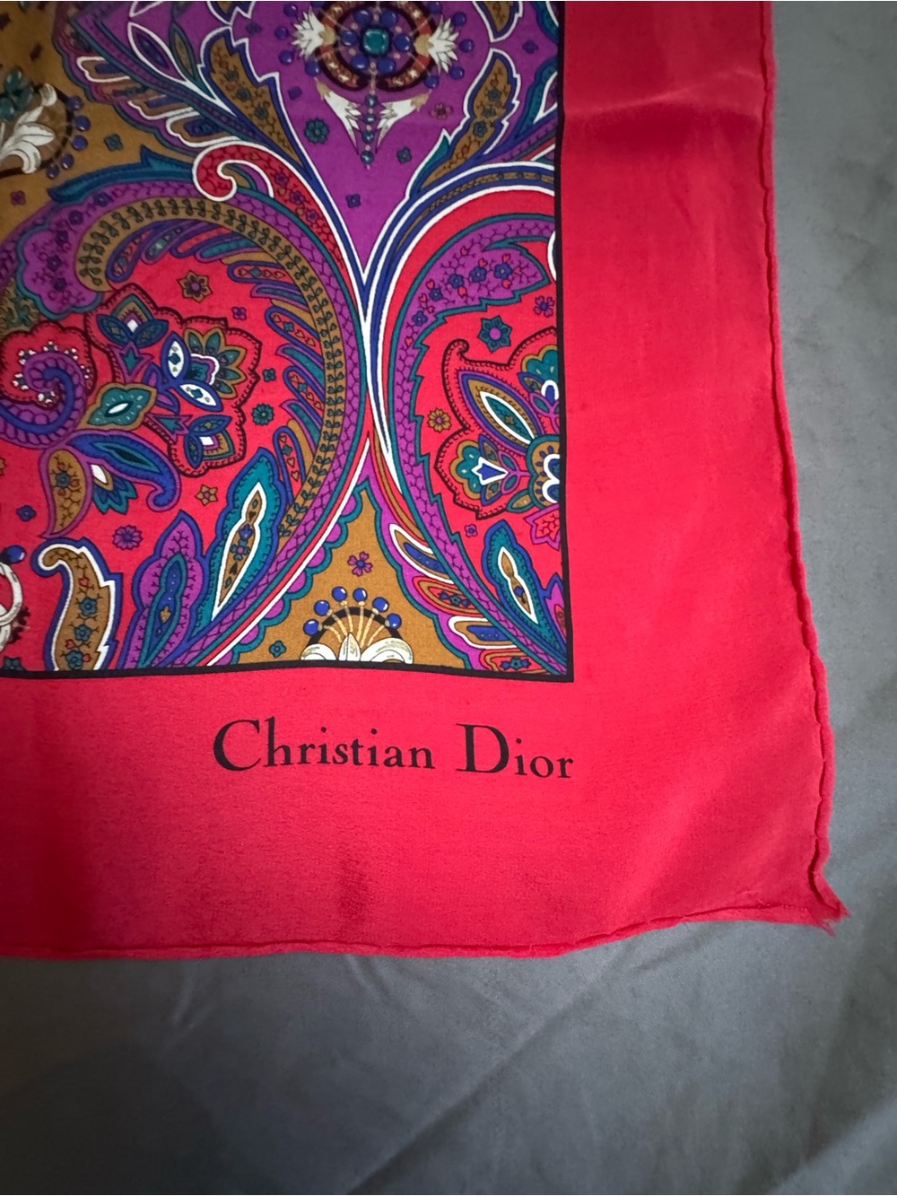 Dior Multicolor Paisley Silk Scarf with Red Border - Picture 2 of 7
